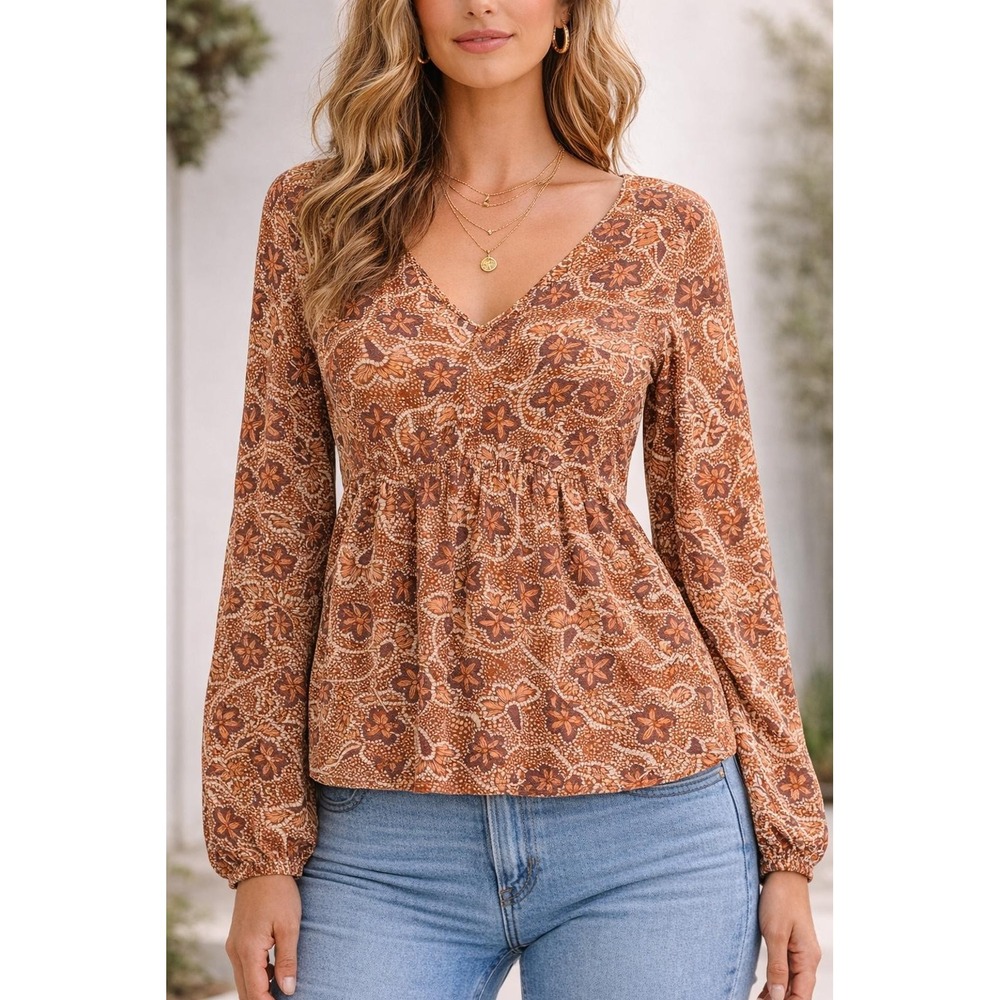 Andree by Unit Peplum Blouse Floral Empire Waist Rust Orange Size Small Boho Top